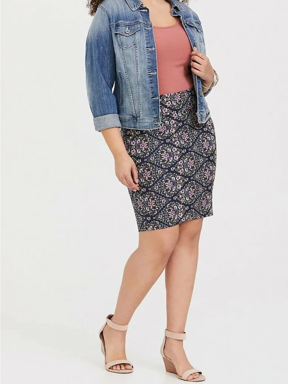 Torrid Mini Jersey Skirt 3X Blue Pink Floral Pencil Bodycon